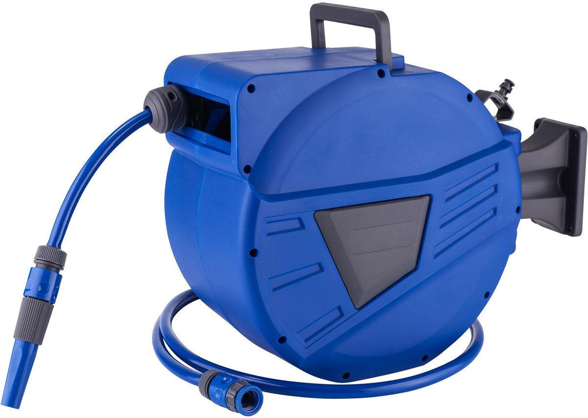 Slanghaspel 20 meter slang + 2 meter | kleur blauw | inclusief houder met 180° rotatie | algenbescherming | met automatische veegschep en armaturen