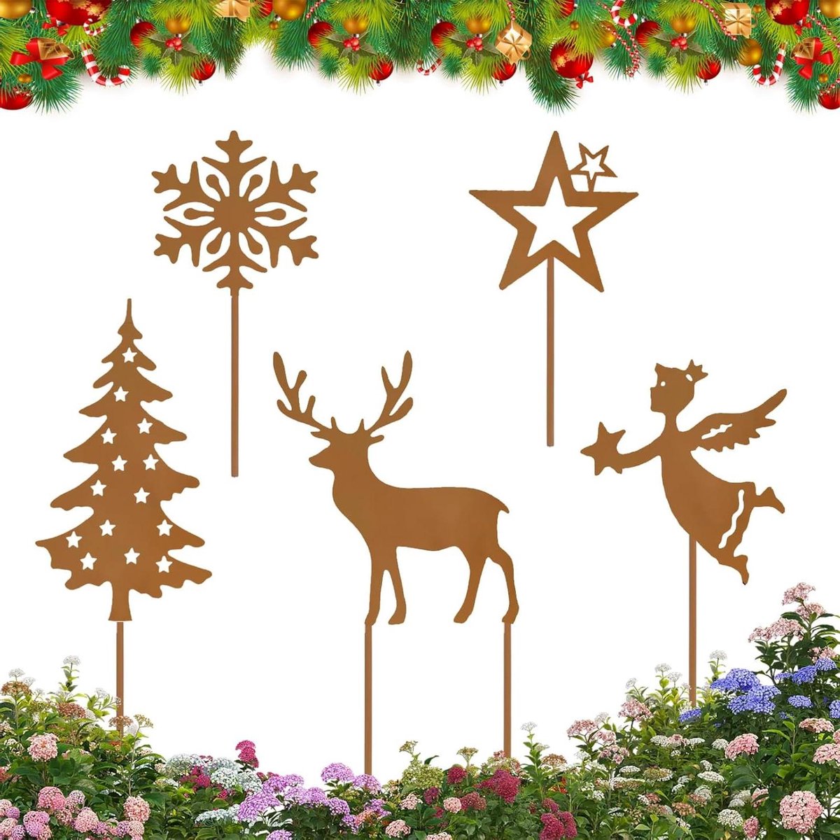 Roestige Metalen Tuindecoratie - Kerst Tuinstekers - Tuin Aankleden - Unieke Roestige Patina - 25 cm hoog - Roestbruin