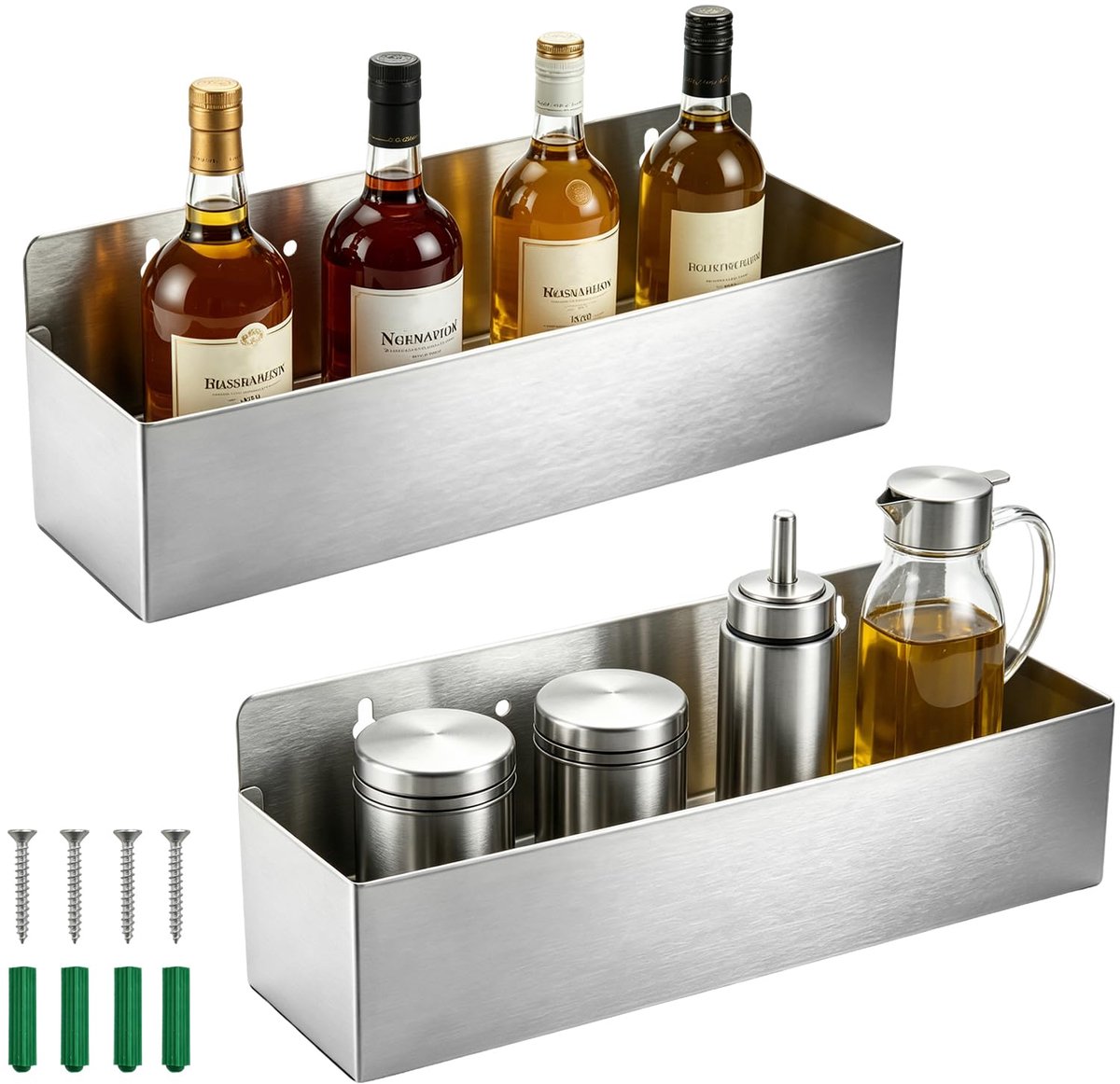 2 stuks wijnflessenhouders van roestvrij staal, 38 x 10 x 13 cm, wandflessenhouder met voorgeboorde gaten en schroeven, flessenhouder, zilver, voor keuken, bar en eetkamer