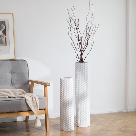 Witte hoge vazen voor vloer: 27,6/21,7 inch metalen cilinder handgemaakte bloemenhouder extra grote decoratieve vaas set van 2 moderne honingraattextuur grote staande vaas voor woonkamer thuis