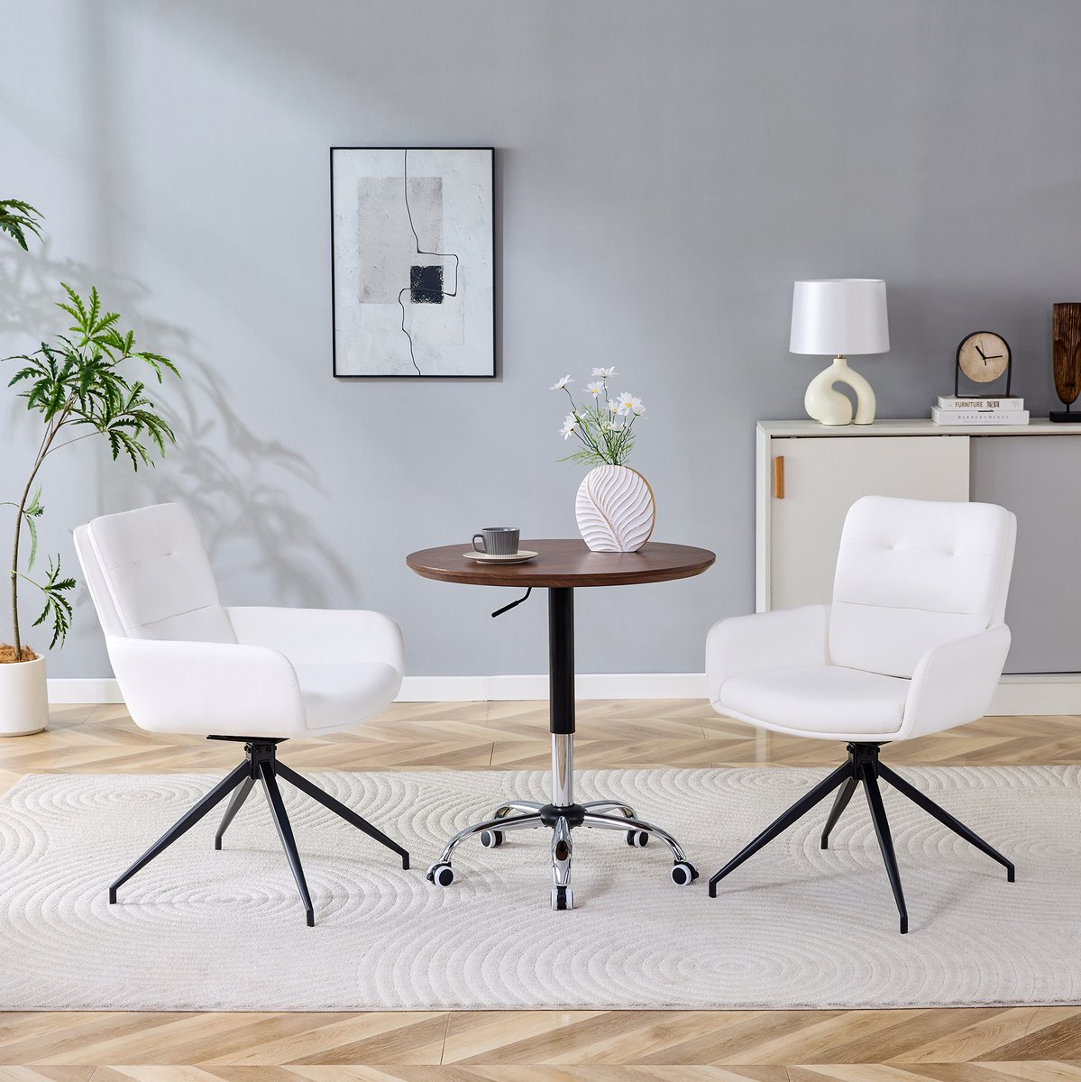 DESMIU Eetkamerstoel 55 x 85 cm - Set Van 2 Draaibare Stoelen Met Armleuningen En Knoprug - Voor Eetkamer En Zithoek - Kunstleer Metaal Wit Zwart