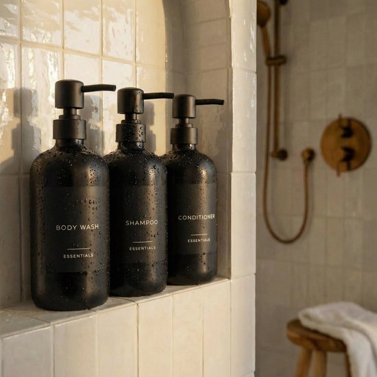 Drie natte, zwarte pompdispensers met labels: BODY WASH, SHAMPOO, CONDITIONER in een douche-nis.