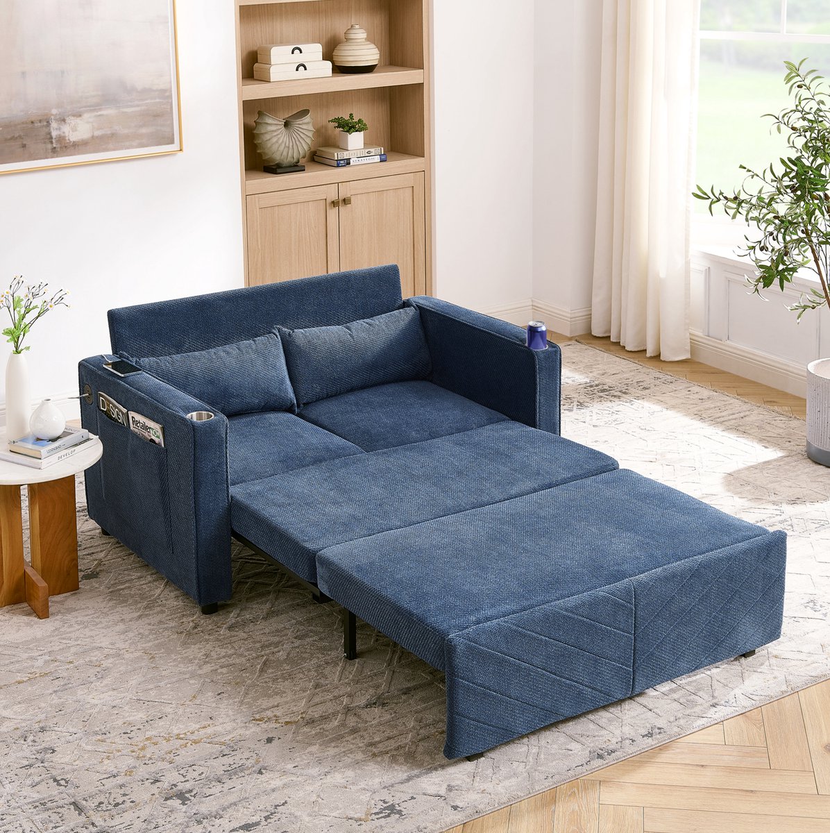 FloraGrace Slaapbank 195 Cm - 2-Zits Uitschuifbaar Met USB Oplaadpoort En Slaapfunctie - Voor Woonkamer Of Logeerkamer - Hout En Stof - Navy Blue