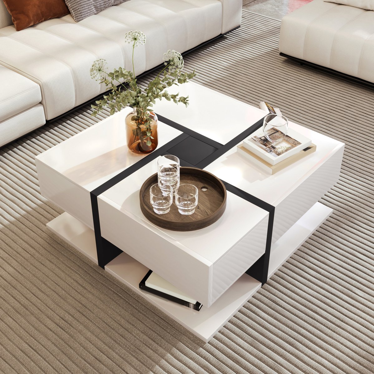 HAUSS SPOLE Salontafel - Hoogglans Vierkante Tafel Met 4 Lades En Onderplank - Voor Woonkamer - Spaanplaat - 78x78x36 Cm - Wit Zwart