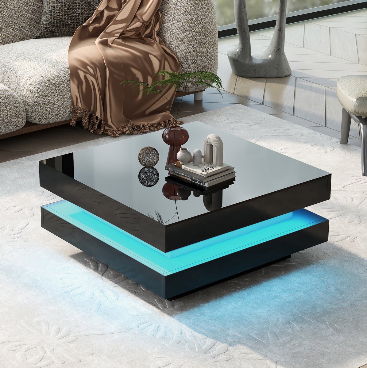 HAUSS SPOLE Salontafel - Vierkant Met Ledverlichting En Bluetooth App - Voor Woonkamer - Hoogglans Spaanplaat - 70x70x36 Cm - Zwart