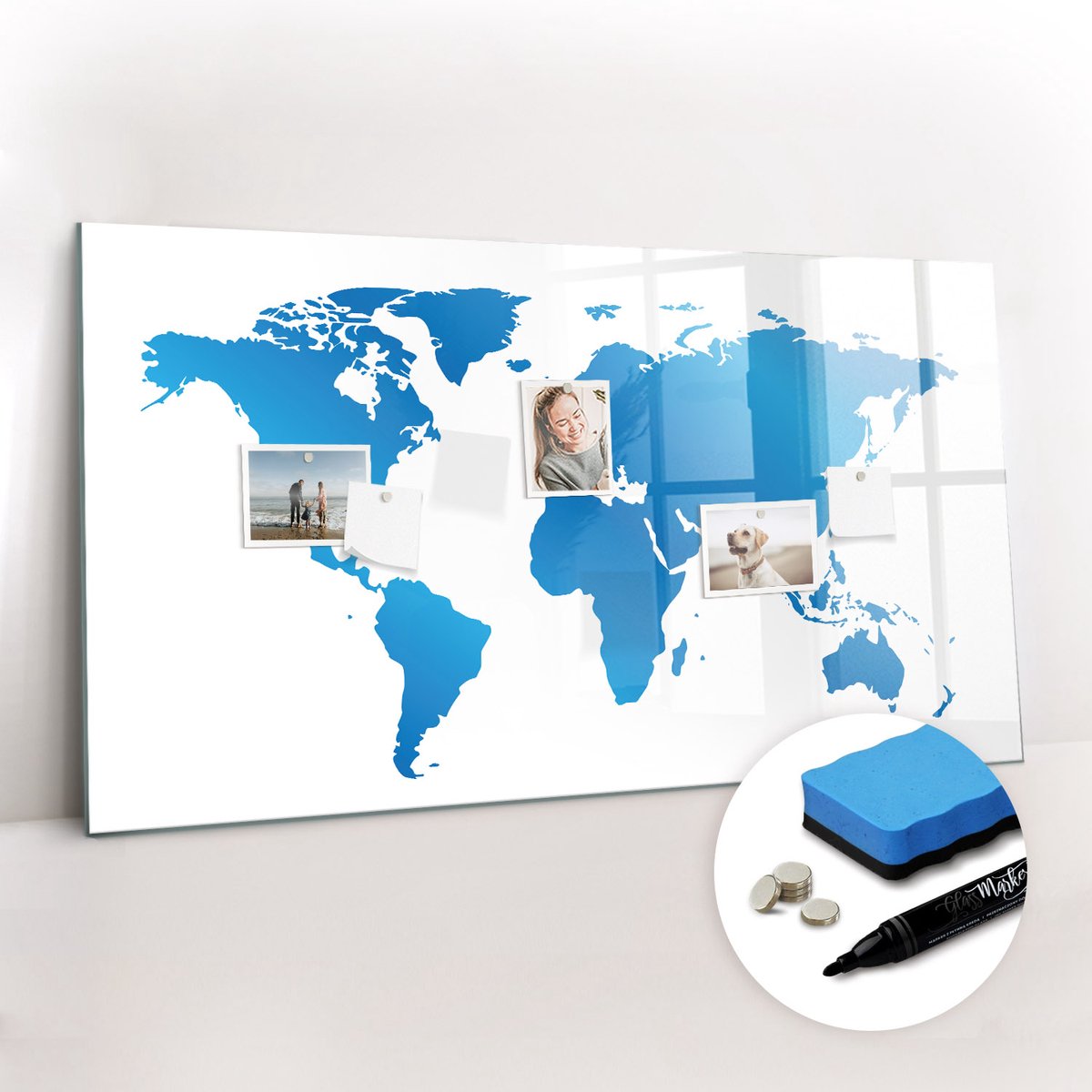 Tulup Whitebord - Contouren van de landmassa's van de wereld - 120 x 60 cm - Blauw Magnetisch Wandbord - Gratis 5 Sterke Magneten + Whiteboard Marker & Wisser - Industrieel Wandbord - Magnet Board - Ideeënbord Thuiswerkplek