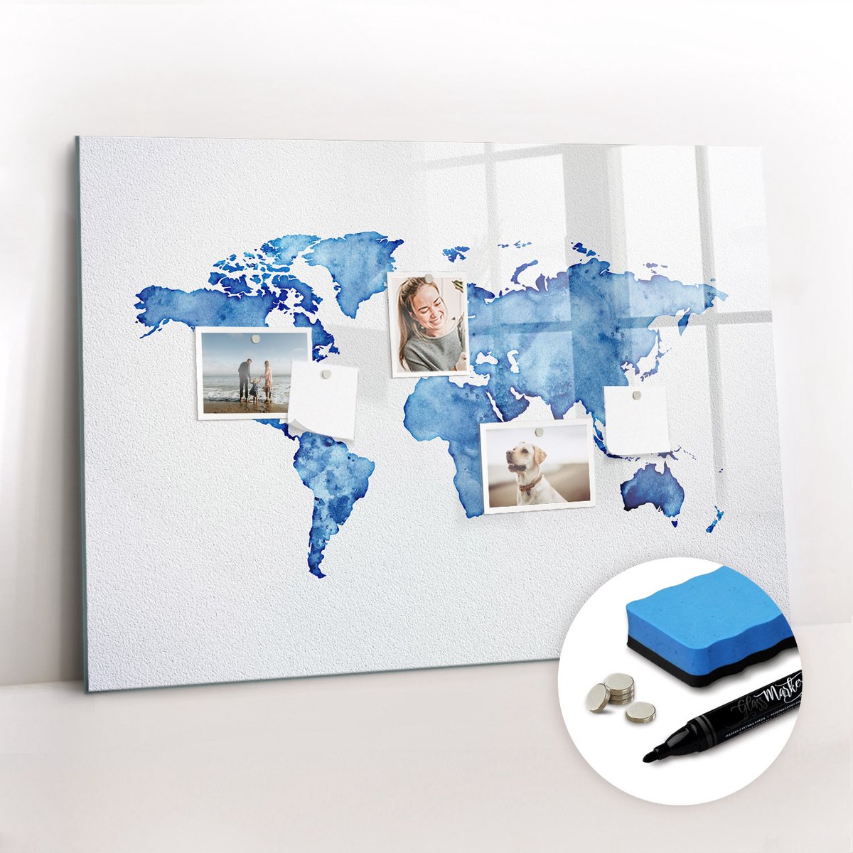 Tulup Whitebord - Pastel wereldkaart - 100 x 70 cm - Blauw Memo Bord - Gratis 5 Sterke Magneten + Whiteboard Marker & Wisser - Organizer Muur - Magneetbord Rechthoekig - Organiseer Je Bureau