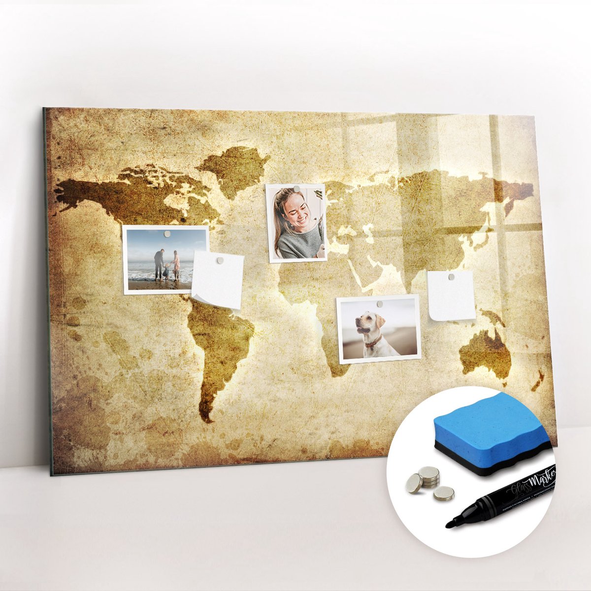 Tulup Whitebord - Retro wereldkaart - 90 x 60 cm - Bruin Memo Bord - Gratis 5 Sterke Magneten + Whiteboard Marker & Wisser - Industrieel Wandbord - Magneetbord Foto - Productiviteit Tools