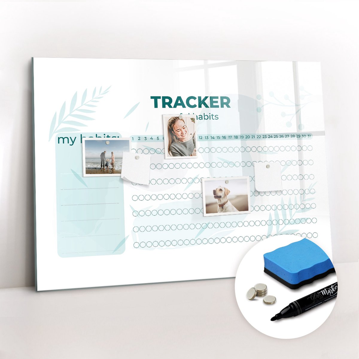 Tulup Whitebord - Gewoonteplanner - 100 x 70 cm - Groente Memobord Glas - Gratis 5 Sterke Magneten + Whiteboard Marker & Wisser - Design Memobord - Foto Magneetbord - Ideeënbord Thuiswerkplek