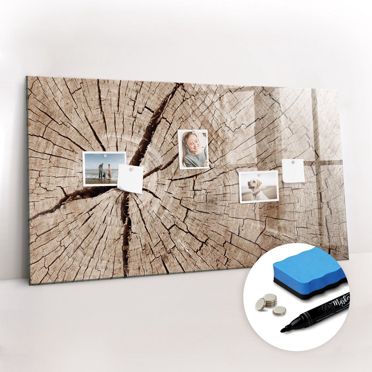 Tulup Whitebord - Oude boomstronk - 120 x 60 cm - Bruin Memobord Glas - Gratis 5 Sterke Magneten + Whiteboard Marker & Wisser - Decoratief Magnetisch Bord - Magneetbord Keuken - Ideeënbord Thuiswerkplek
