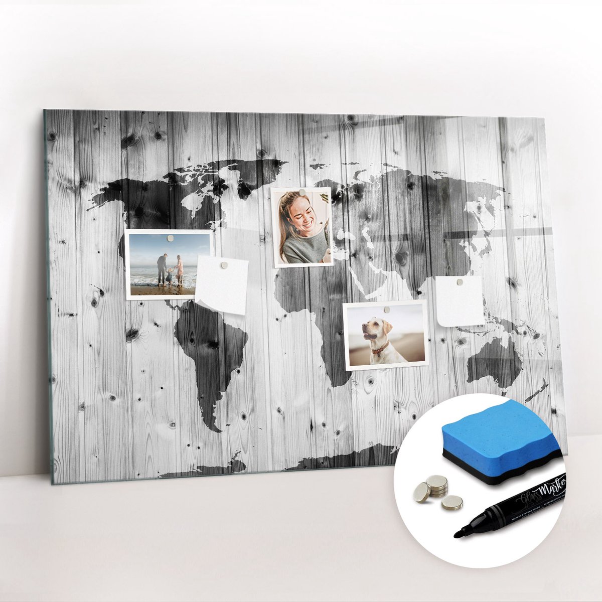 Tulup Whitebord - Wereldkaart op hout - 90 x 60 cm - Zwart-wit Magnetisch Bord Kind - Gratis 5 Sterke Magneten + Whiteboard Marker & Wisser - Minimalistisch Prikbord - Magnetisch Memobord - Organiseer Je Bureau