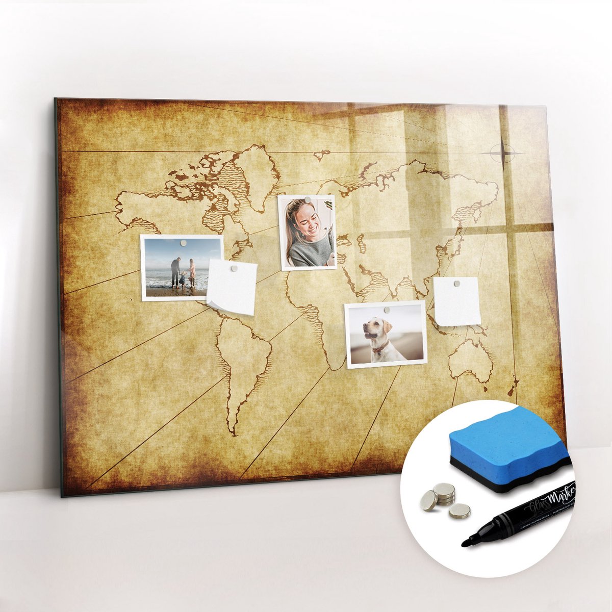 Tulup Whitebord - Oude wereldkaart - 100 x 70 cm - Geel Magnetic Board - Gratis 5 Sterke Magneten + Whiteboard Marker & Wisser - Stylish Memo Board - Magnetisch Memobord - Notitiebord Werkplek