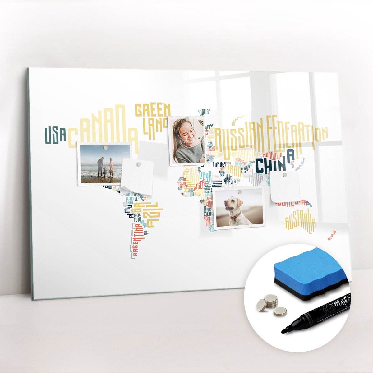 Tulup Whitebord - Namen van landen - 90 x 60 cm - Veelkleurig Magnet Board - Gratis 5 Sterke Magneten + Whiteboard Marker & Wisser - Decoratief Magnetisch Bord - Magnetic Board - Productiviteit Tools
