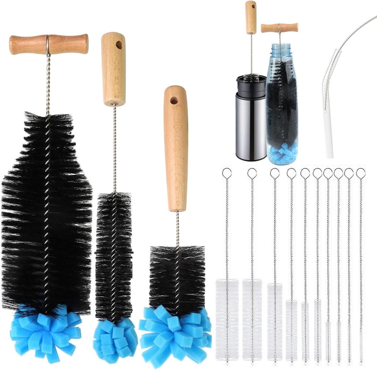 Flessenborstel Set - Schoonmaakborstels Ragers - Flessen Reinigen - Krasvrij met Spons - 13 Stuks - Zilver Zwart Blauw Wit