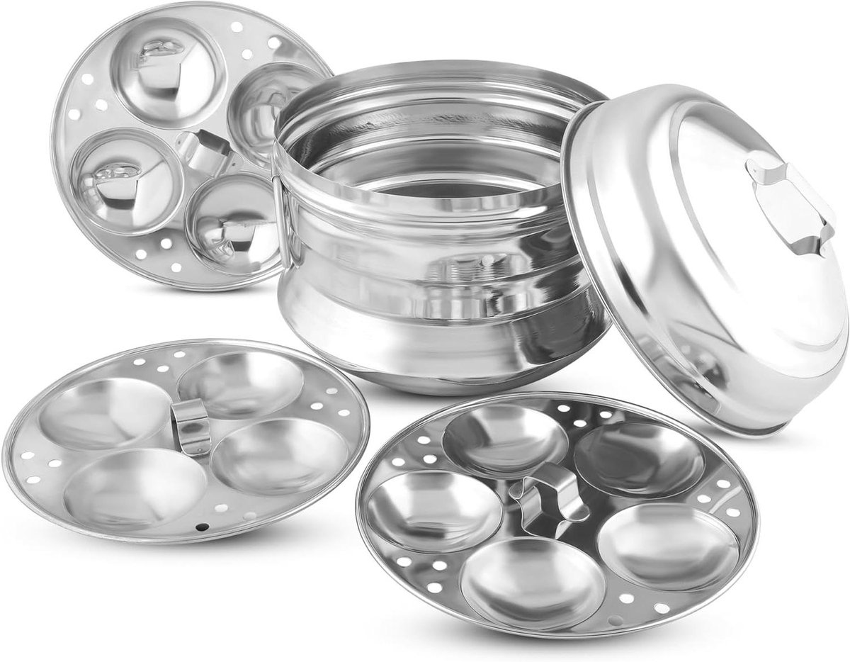 Idly Pan - Stoompan Idli Maker - Ontbijt Maken - Roestvrij Staal - 8 Inch Diameter - Zilver