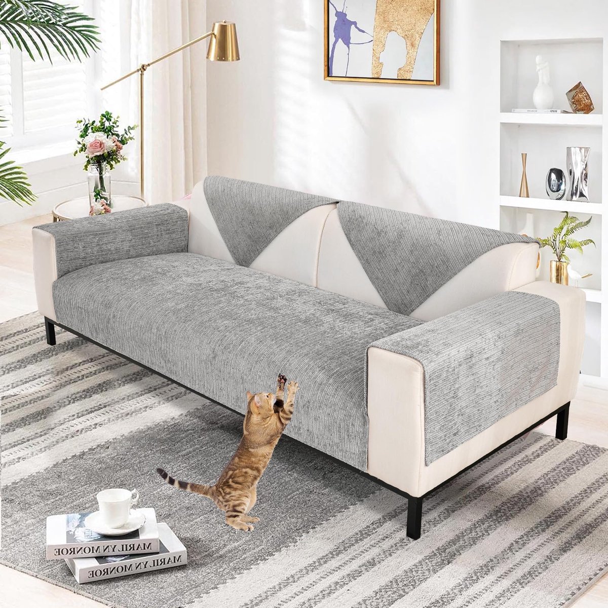 Hoes, zacht, chenille-stof, voor 1-, 2-, 3- en 4-zits zitmeubelen, L-vormig, decoratief, vierkant, stevig, dik, gestructureerd, voor woonkamer, bank en slaapkamer (grijs, 70 x 210 cm, bankhoes)