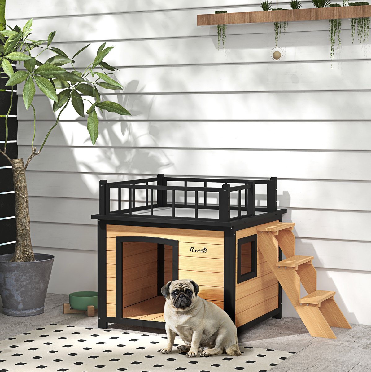 MIVRAY Hundehuis Met Balkon En Trap - 121 x 77 x 78 Cm - Massief Vurenhout - Geel - Voor Kleine En Middelgrote Honden Buiten