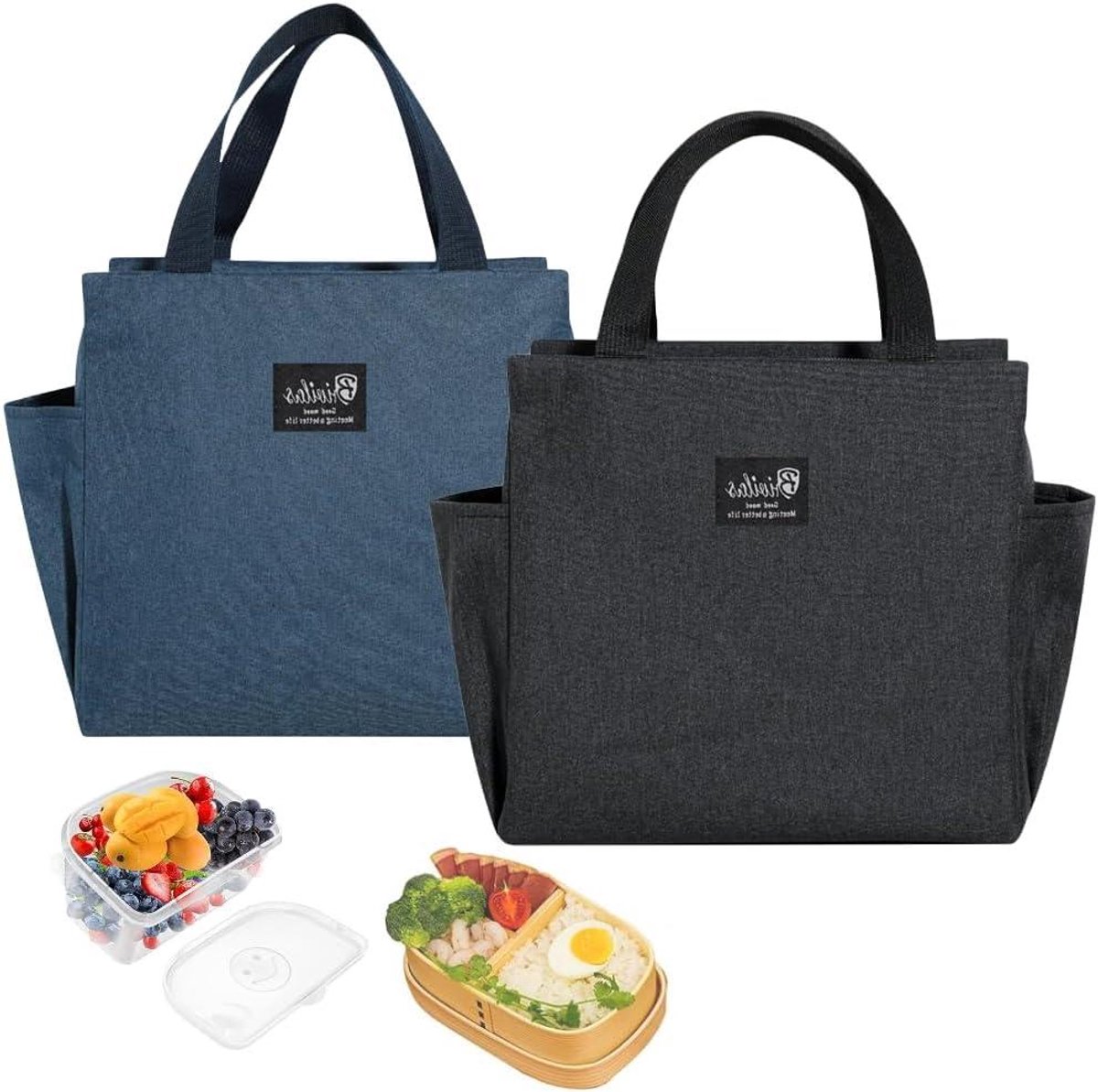 Lunchtas - Koeltas Lunchbox - Eten Meenemen - Geïsoleerd - 25 x 14 x 25 cm - Zwart en Donkerblauw