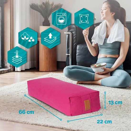 Hoekig Yoga Bolster - Meditatiekussen Hulpmiddel - Yoga Oefeningen - Biologische Spelt Vulling - 67 x 13 cm - Roze — afbeelding 5