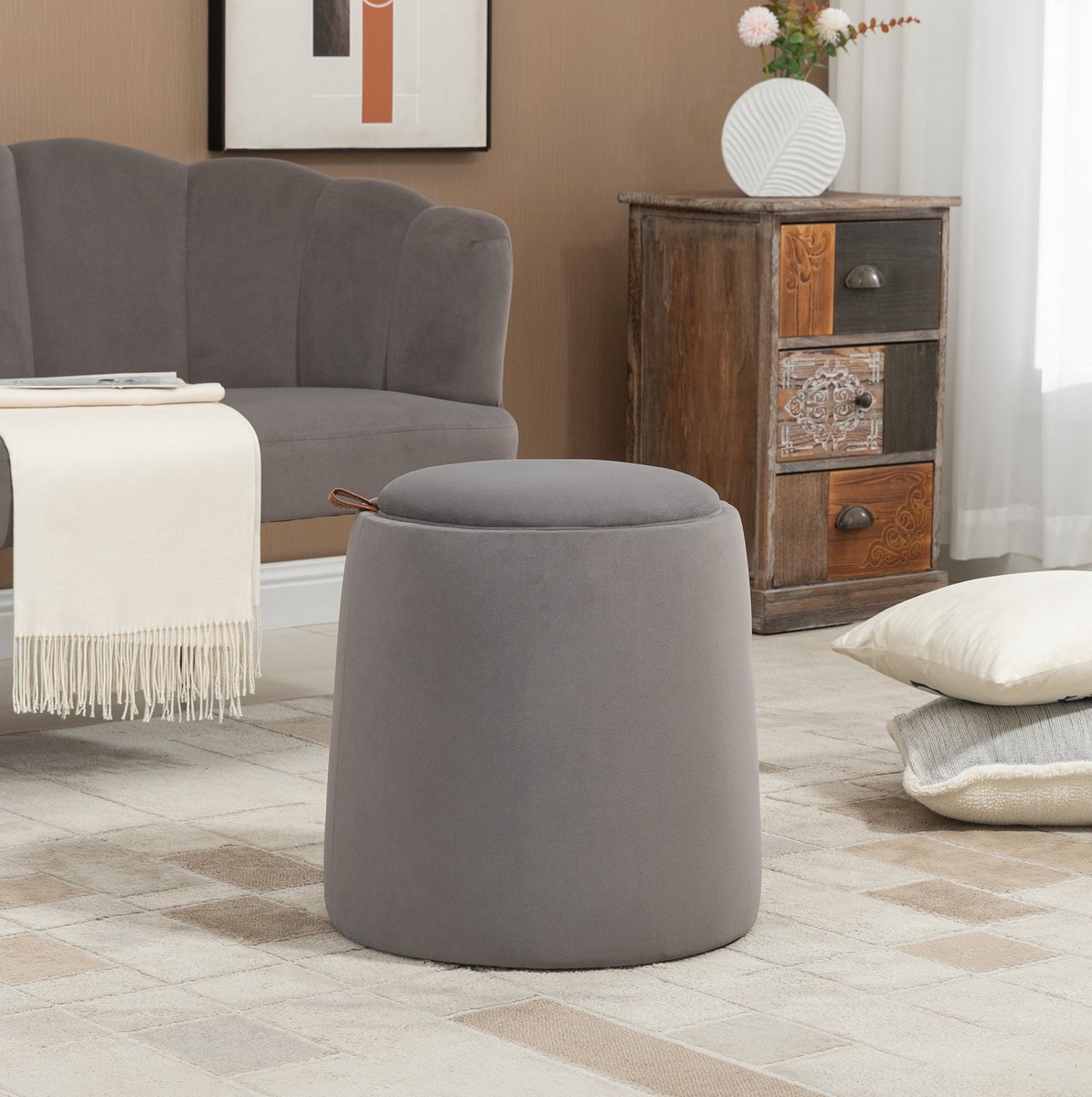 MEUNIQ ronde opbergpoef Ø44 x H47,5 cm met omkeerbaar afneembaar deksel, poef en kleine salontafel in één, velourslook donkergrijs voor woonkamer