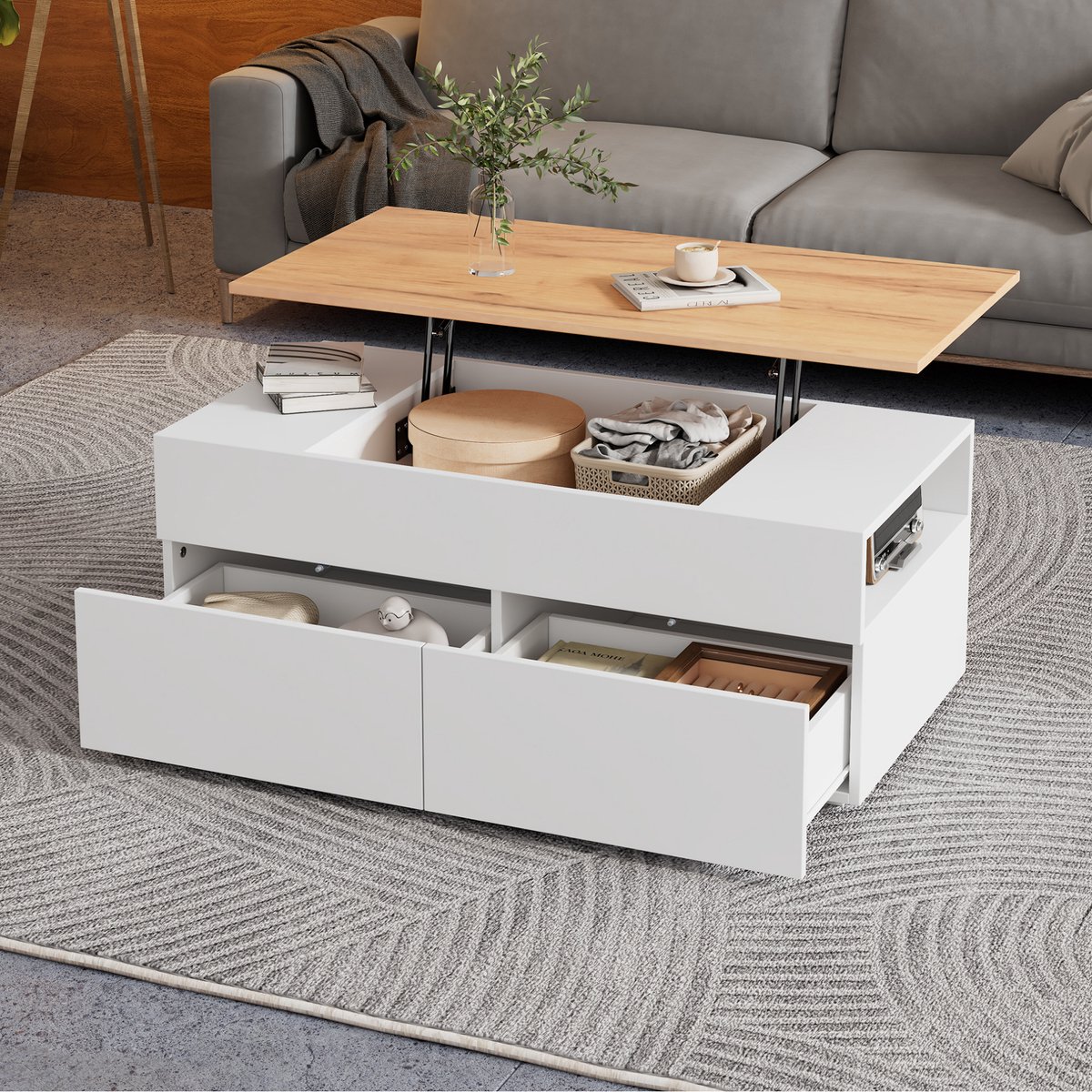 HAUSS SPOLE Salontafel - Hoogteverstelbaar Met 2 Lades - Voor Woonkamer En Thuiswerken - Spaanplaat - 100x50x40 Cm - Wit Houtkleur