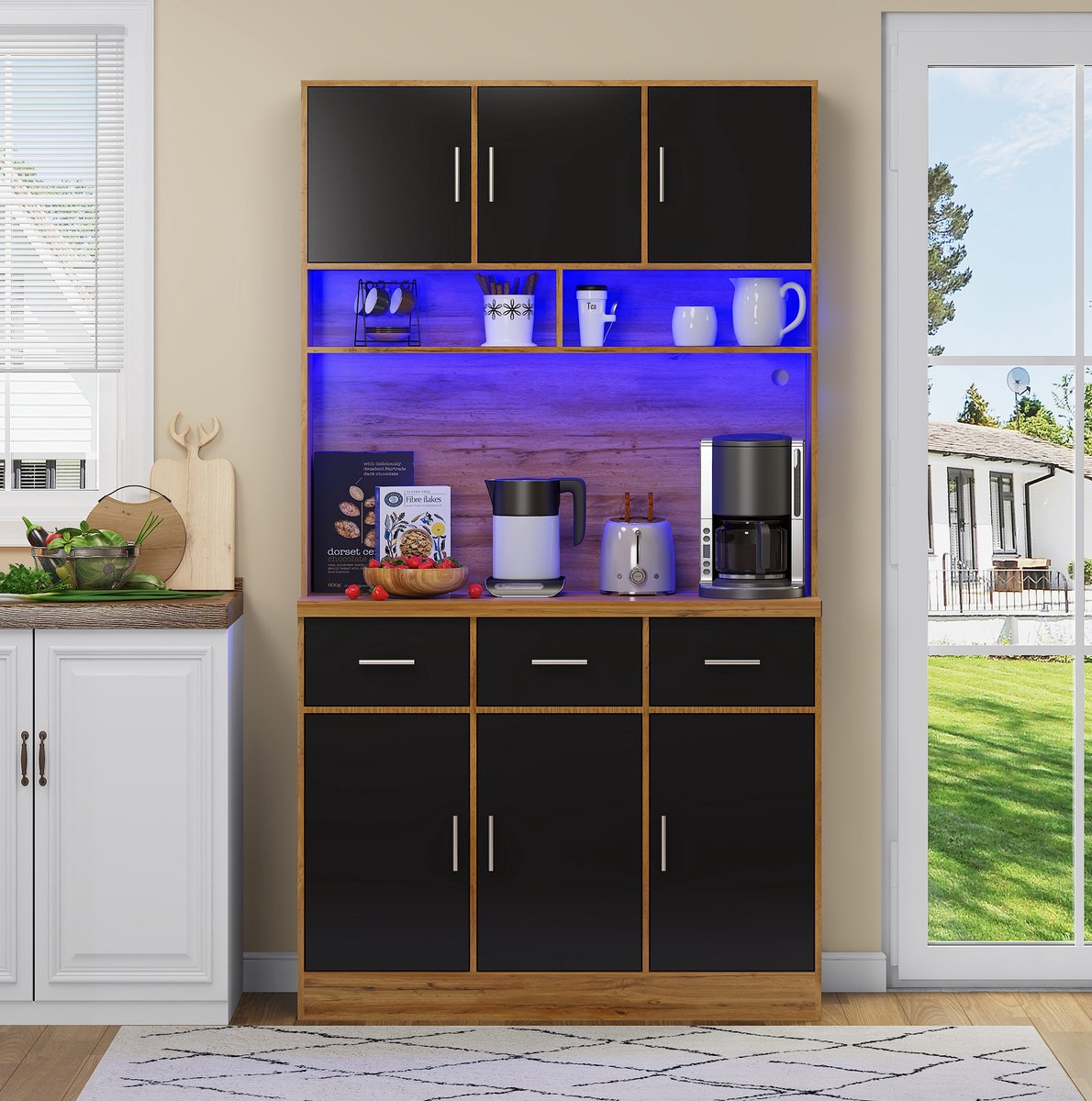 HAUSS SPOLE Keukenkast - Met Led-Verlichting En App-Bediening - Met Laden, Stopcontact En Verstelbare Planken - MDF - 100x40x180 Cm - Naturel Zwart