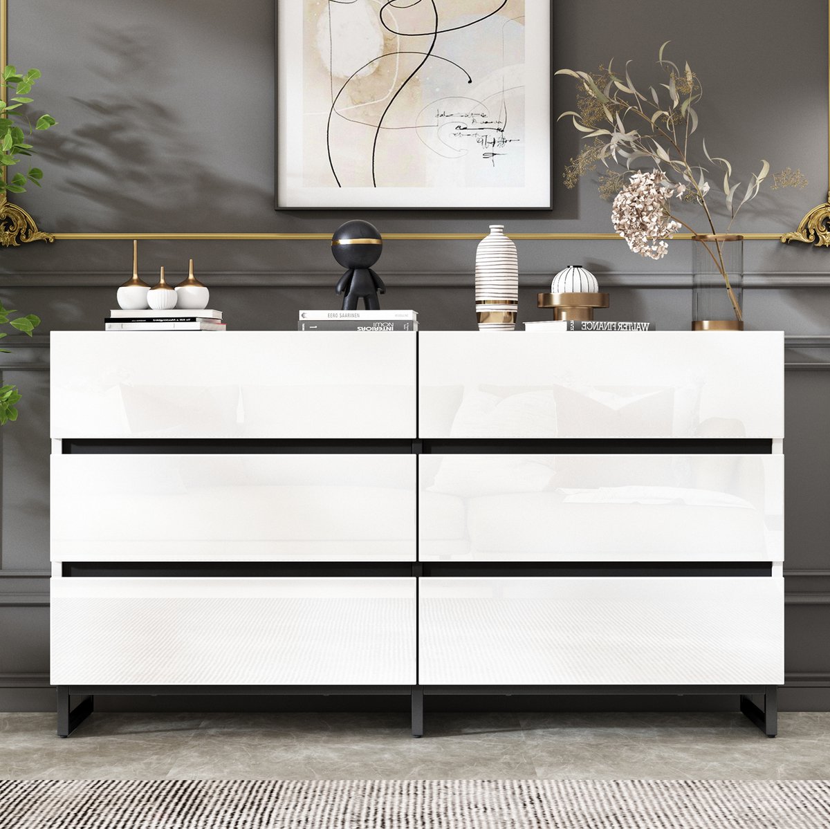 HAUSS SPOLE Dressoir - Hoogglans Ladenkast Met 6 Lades - Voor Woonkamer En Opbergruimte - Spaanplaat En Metaal - 140x39,5x78,5 Cm - Wit Zwart