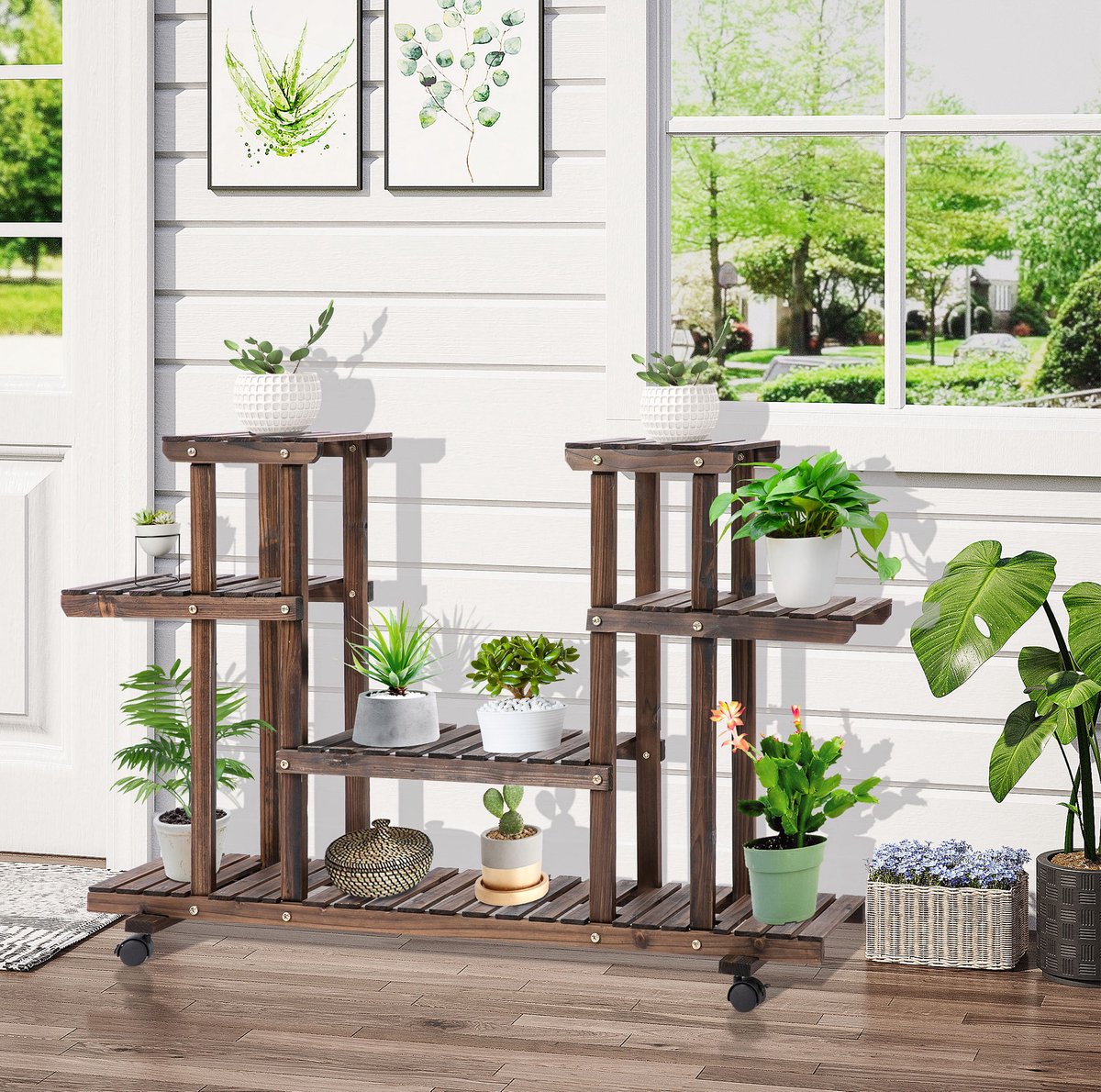 MEUNIQ Plantenrek 123,5 x 33 x 80 cm met 6 schappen en 4 wielen, houten bloemenrek voor binnen en buiten, open plantenstandaard voor balkon, tuin of woonkamer, donkerbruin