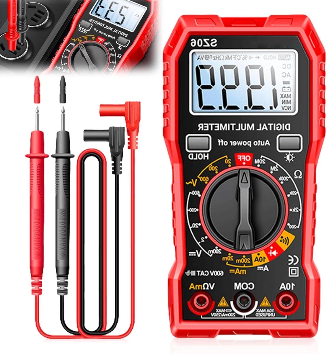 Digitale Multimeter - Spanningsmeter Stroommeter - Elektrische Metingen - LCD Scherm Achtergrondverlichting - 600 V - Zwart