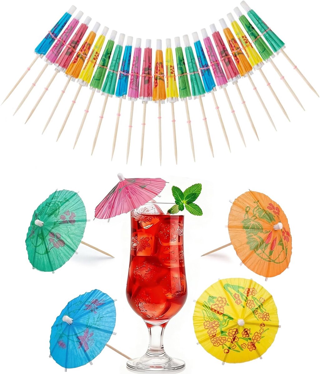 Cocktailparasols, tropische cocktailparasols, drankparaplu's, cocktailparasols, decoratieve paraplu's voor dessert, cake, dranken, bruiloft, Hawaïbar (B)