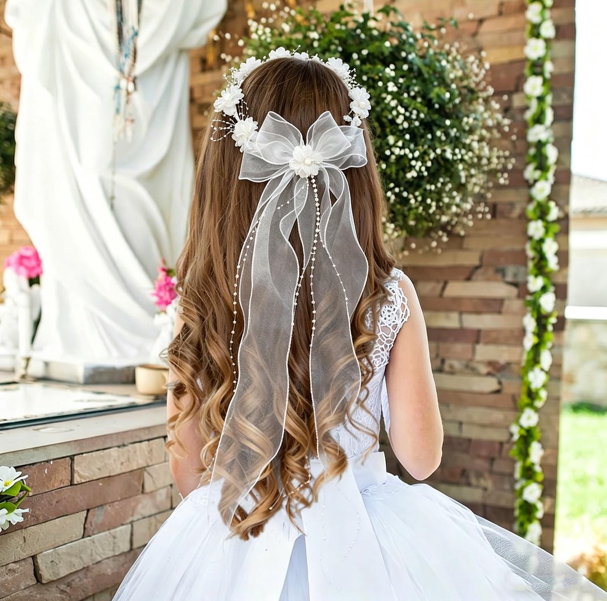 Bloemenkrans Met Sluier, Met Witte Bloemen, Parels, Organza Linten Voor Eerste Communie, Bloemenmeisje, Bruiloft, Festival, Hoofdversiering