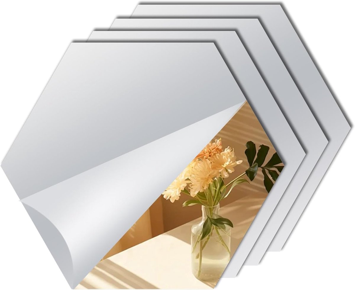 Spiegelstickers, 20 x 20 cm/4 stuks zelfklevende spiegeltegels, zeshoek, vierkante spiegeltegels, zelfklevende spiegels voor muren, badkamer, slaapkamerdeuren, doe-het-zelf woondecoratie