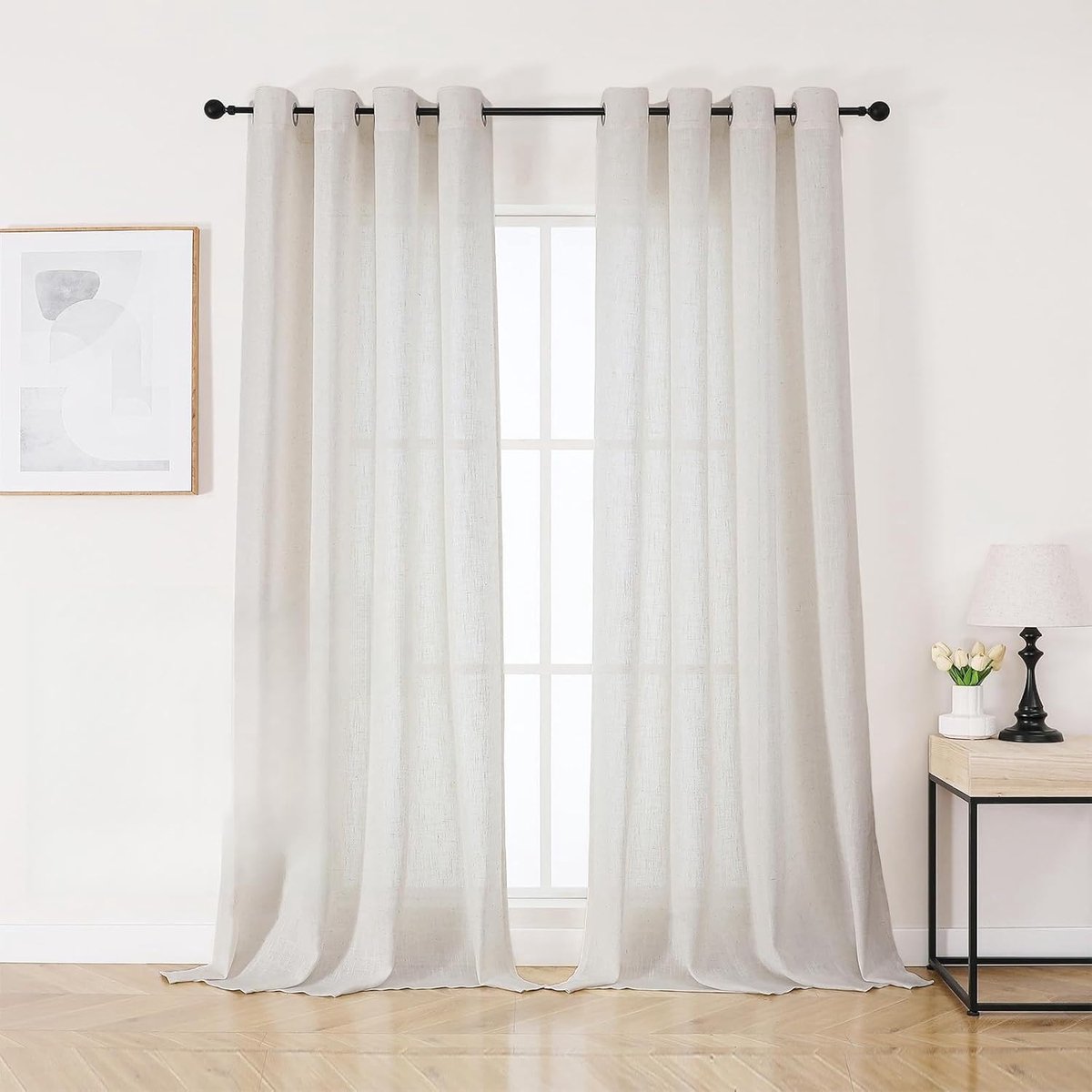Gordijnen van linnen, doorschijnend, met ingestanste ringen, moderne decoratieve gordijnen voor woonkamer, raam, kamer, slaapkamer, wit, 2 stuks, 132 x 245 cm