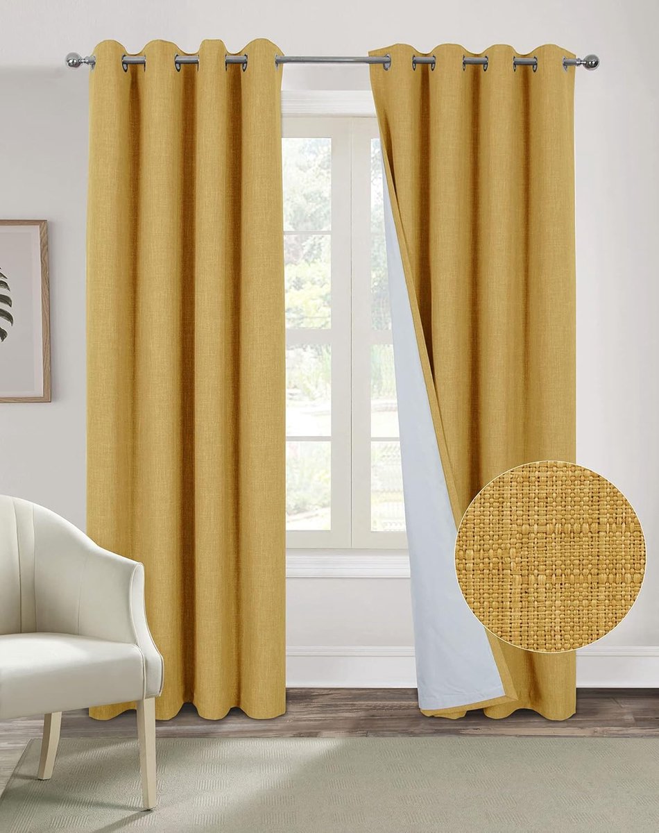 Warmte-isolerend Faux Linnen Verduisteringsgordijn, 100% verduisteringsgordijn, dubbel gordijn Moderne Woonkamer met zeilringen, zachte kreukvrije stof, Geel 140 x 260 cm. Set van 2