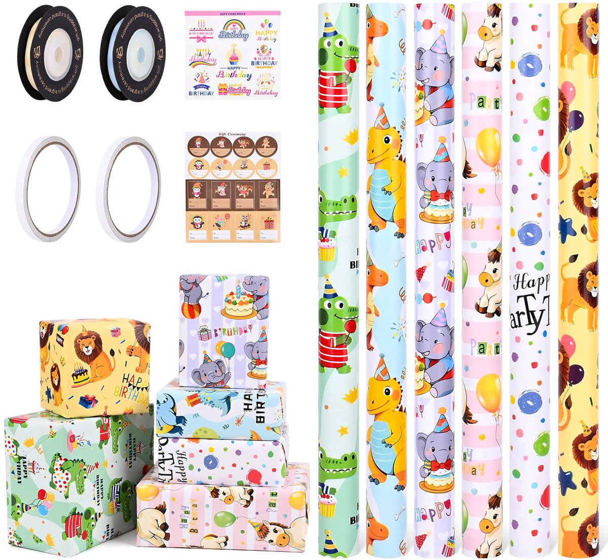 Cadeaupapier, 6 rollen, 43 cm x 300 cm, cadeaupapier, voor jongens en meisjes, recyclebaar cadeaupapier, verjaardagscadeau voor alle verjaardagsgelegenheden