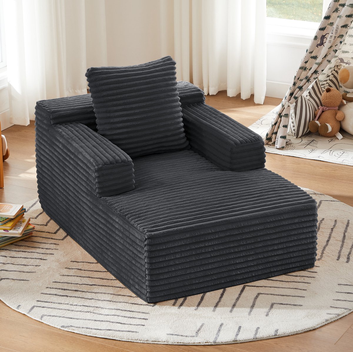 FloraGrace Chaise Longue – 1-Zits Relaxfauteuil En Slaapsofa 117 x 81 x 50 cm – Zonder Montage Voor Woonkamer Of Kantoor – Ribstof – Donkergrijs