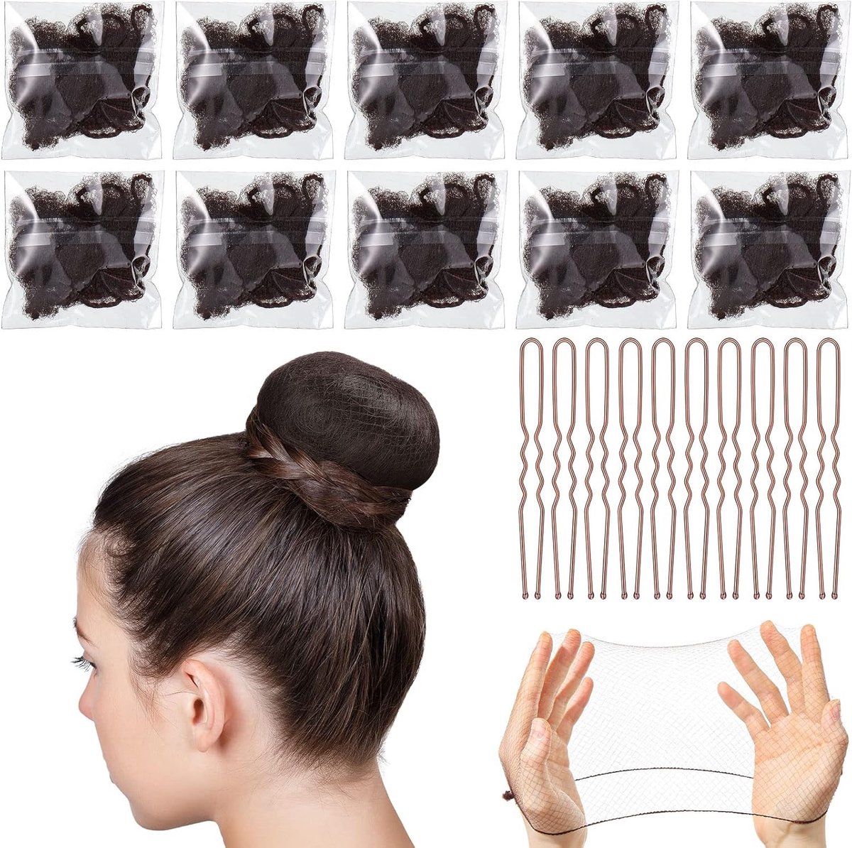 20 stuks onzichtbare haarnetten en U-vormige haarspelden set 10 stuks ballet haarknotvormer elastische rand mesh broodje netten bruin haarbroodje accessoires met 10 stuks bobby pinnen voor dansers kind ballet