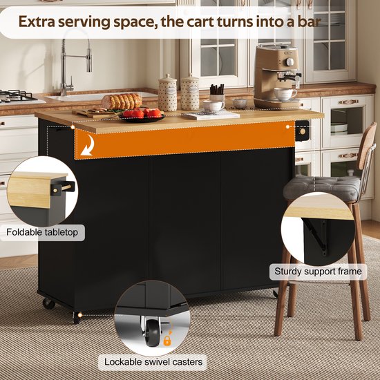 Keuken Eiland - Opvouwbaar Werkblad En Verrijdbare Opbergkast - Extra Werk En Opbergruimte Voor Keuken - MDF - Zwart - 130x70x93 Cm — afbeelding 2