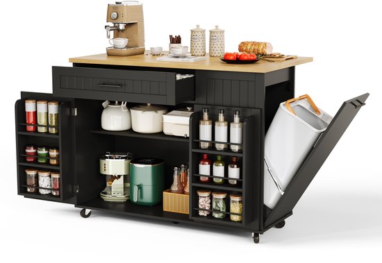 Keuken Eiland - Opvouwbaar Werkblad En Verrijdbare Opbergkast - Extra Werk En Opbergruimte Voor Keuken - MDF - Zwart - 130x70x93 Cm — afbeelding 4