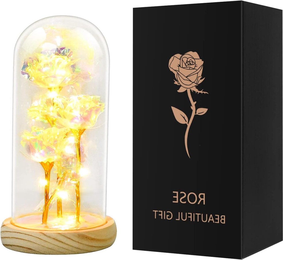 Eeuwige Roos Onder Klok - Gedecoreerde Bloem - Romantisch Cadeau - Met LED Verlichting - 23.5 cm Hoog - Zilver
