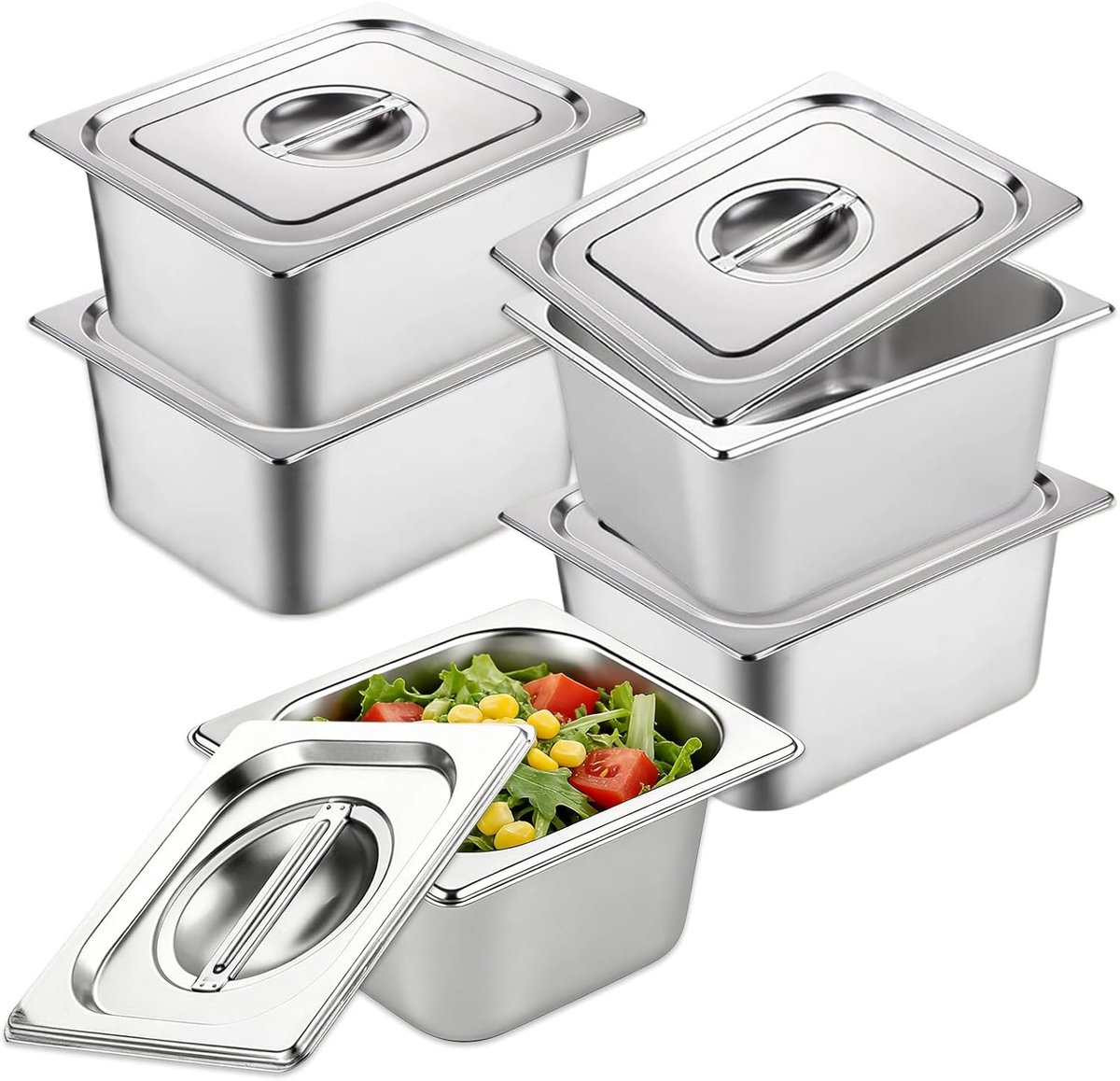 Set van 4 voedselcontainers van roestvrij staal GN 1/6 met deksel | Gastronormschaal van roestvrij staal, 17,5 x 16,5 x 10 cm, voor levensmiddelen, robuust, voor bereiding, opslag en serveren