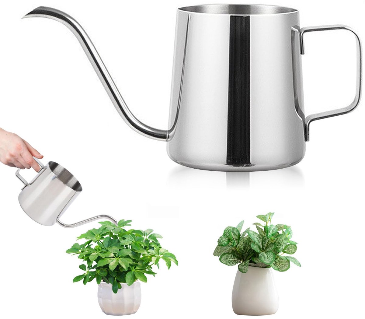 Gieter, kleine kamerplanten, 350 ml, gieter voor kamerplanten, mini-gieter, roestvrij staal, lange uitloop, gieter voor huis, planten, bonsai, outdoor, tuin, bloemen (zilver)