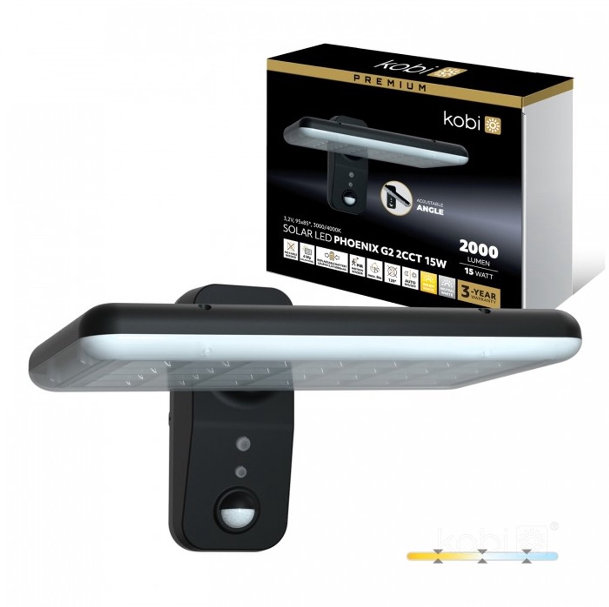 Solar LED Bouwlamp 15W 2000lm 2CCT 3000K-4000K IP65 met Bewegingssensor | Warmwit-Koelwit | 15 watt | 30.000 Branduren