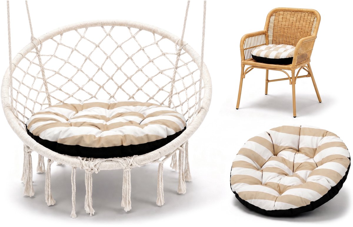 Stoelkussen Rond 60 cm – Zitkussen voor Tuinstoel Rotan & Schommelstoel – zachte ronde zitting waterafstotend voor Terras Balkon Tuin Binnen en Buiten Wit-beige strepen