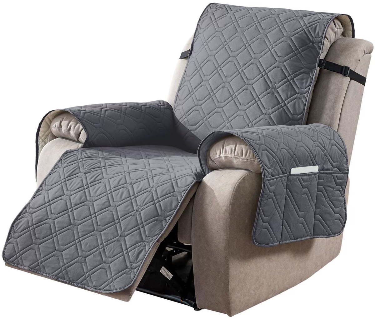 Stoelbeschermer voor relaxfauteuil, waterdichte tv-stoel met zakken, huisdiervriendelijke fauteuilhoes, antislip fauteuilhoes, 1-zits 60 x 230 cm (donkergrijs)