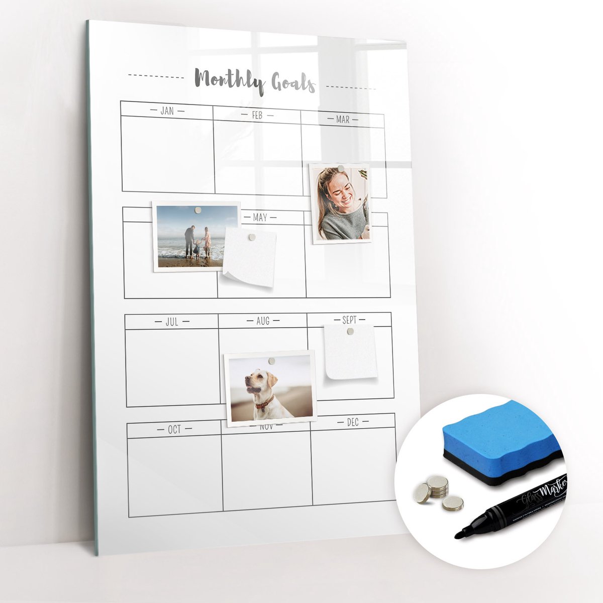 Tulup Whitebord - Maandelijkse hoofddoelen - 60 x 90 cm - Grijs Magnet Board - Gratis 5 Sterke Magneten + Whiteboard Marker & Wisser - Minimalistisch Prikbord - Foto Magneetbord - Organiseer Je Bureau