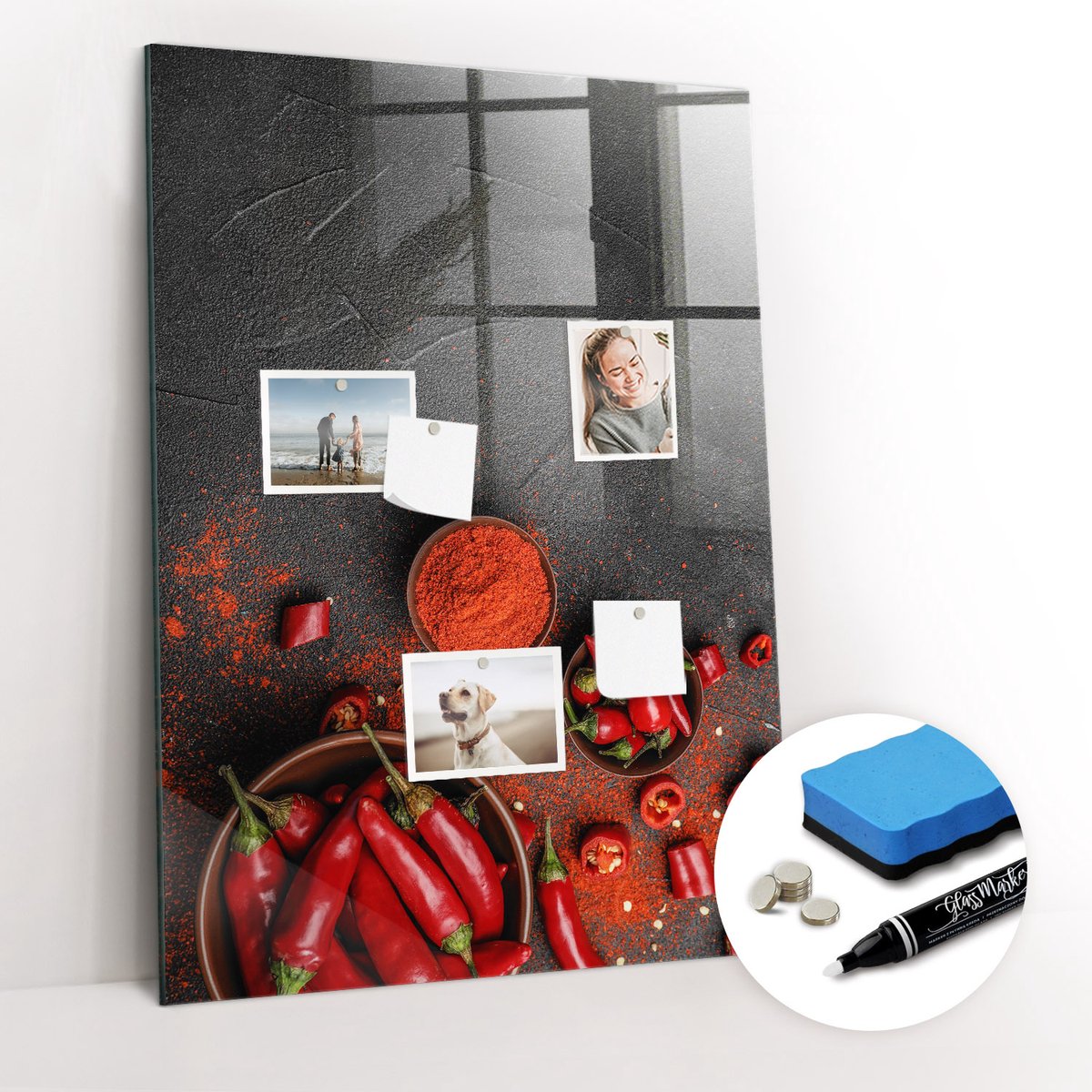 Tulup Whitebord - Gemalen paprika - 70 x 100 cm - Rood Magneetbord Design - Gratis 5 Sterke Magneten + Whiteboard Marker & Wisser - Decoratief Magnetisch Bord - Magneetbord Foto - Inspiratiebord Kantoor
