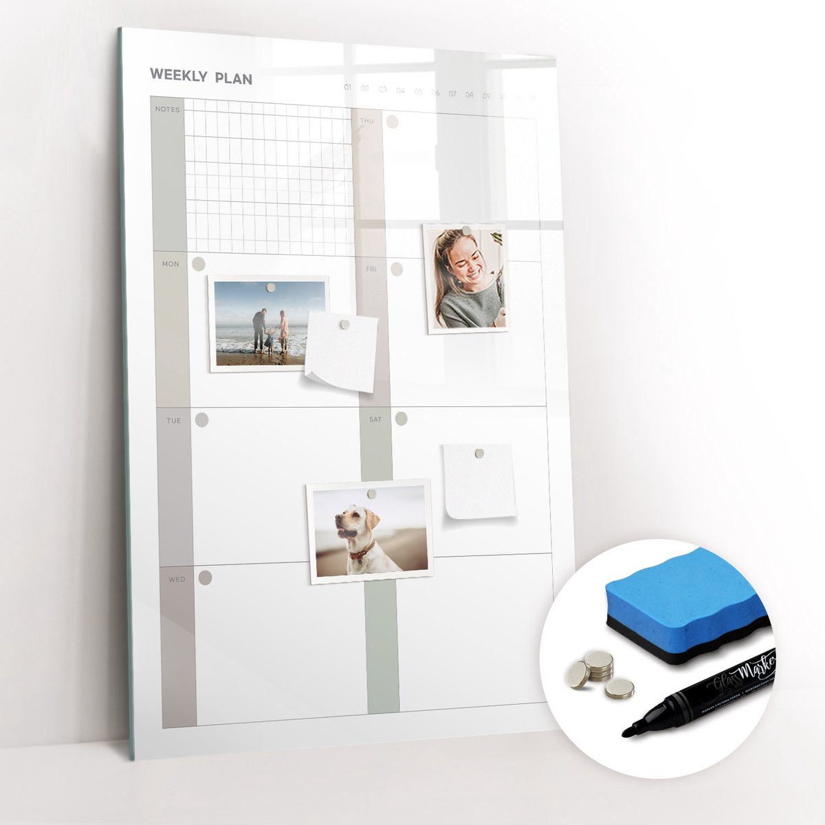 Tulup Whitebord - Universele weekplanner - 60 x 90 cm - Grijs Magnet Board - Gratis 5 Sterke Magneten + Whiteboard Marker & Wisser - Organizer Muur - Foto Magneetbord - Notitiebord Werkplek