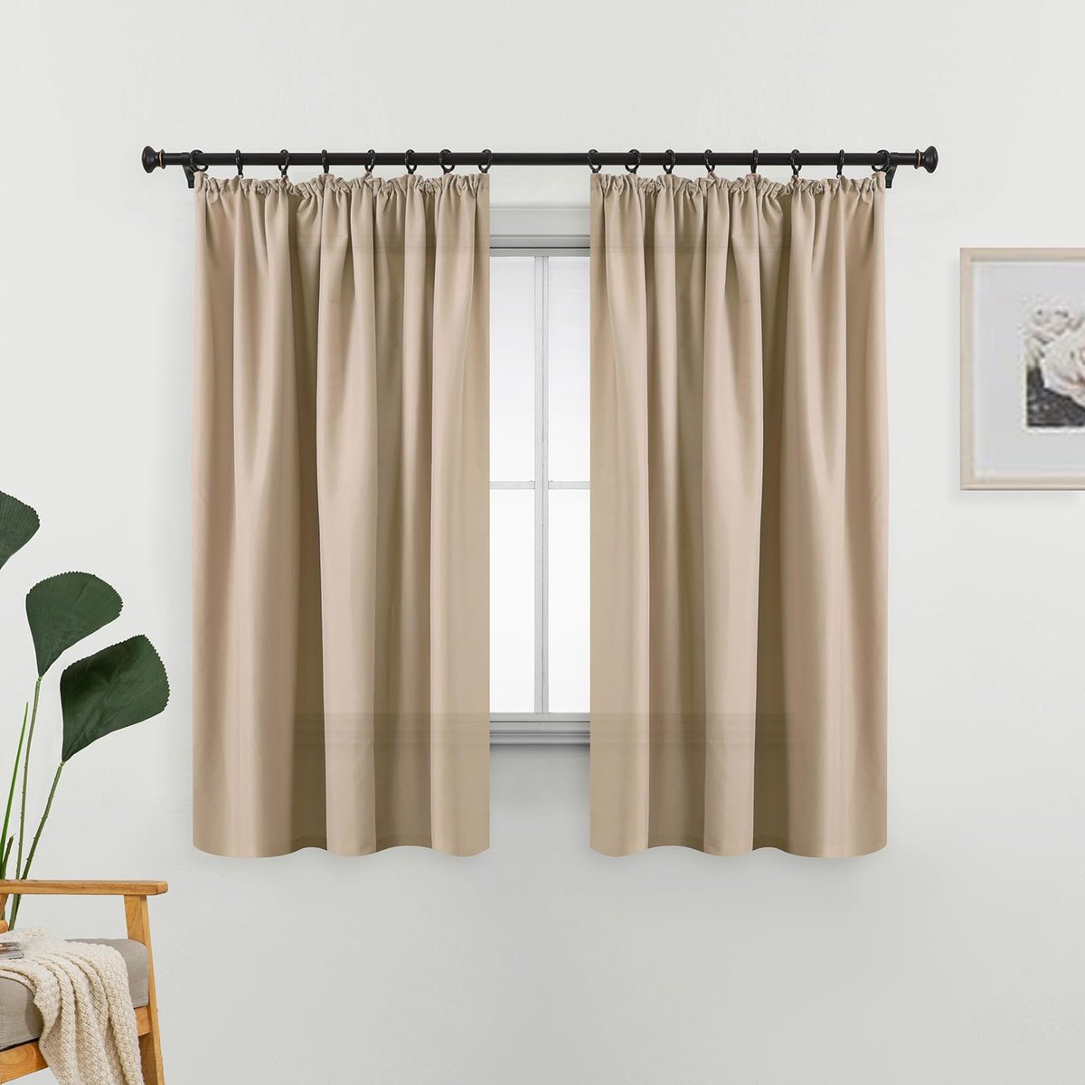 Gordijnen, zand-beige met plooiband, ondoorzichtig, 70% lichtdoorlatend, gordijn voor slaapkamer en woonkamer, dunne katoenlook voor railsysteem, 175 cm, kort