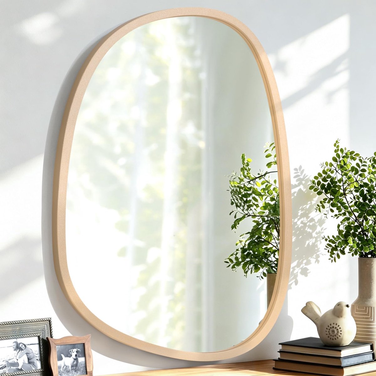 hangspiegel, houten lijst, modern, ovaal, artistiek, decoratief, voor badkamer, slaapkamer, woonkamer, inkomhal, groot model, 65 x 45 cm, goudkleur